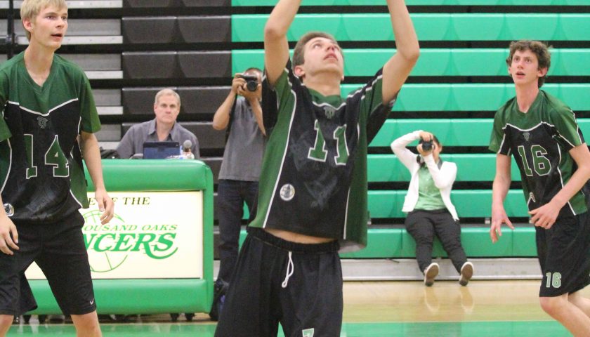 Serve it up—  Senior outside hitter Wyatt Taylor serves in a game against Calabasas. The Lancers won in straight sets to improve their record to 2–1 in the Marmonte League. Their next game is this Friday against Agoura.