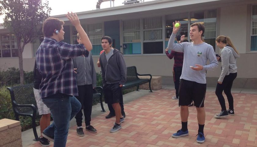 Seniors Patrick Curtis and Christian Wilderom test their balance skills in Mr. Daigneaults AP Psychology class. 