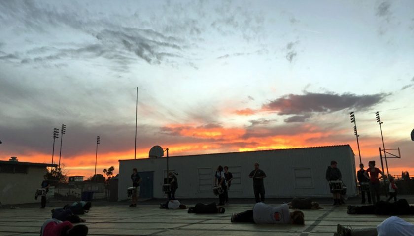 Members of the TOHS Drumline learn new visuals.