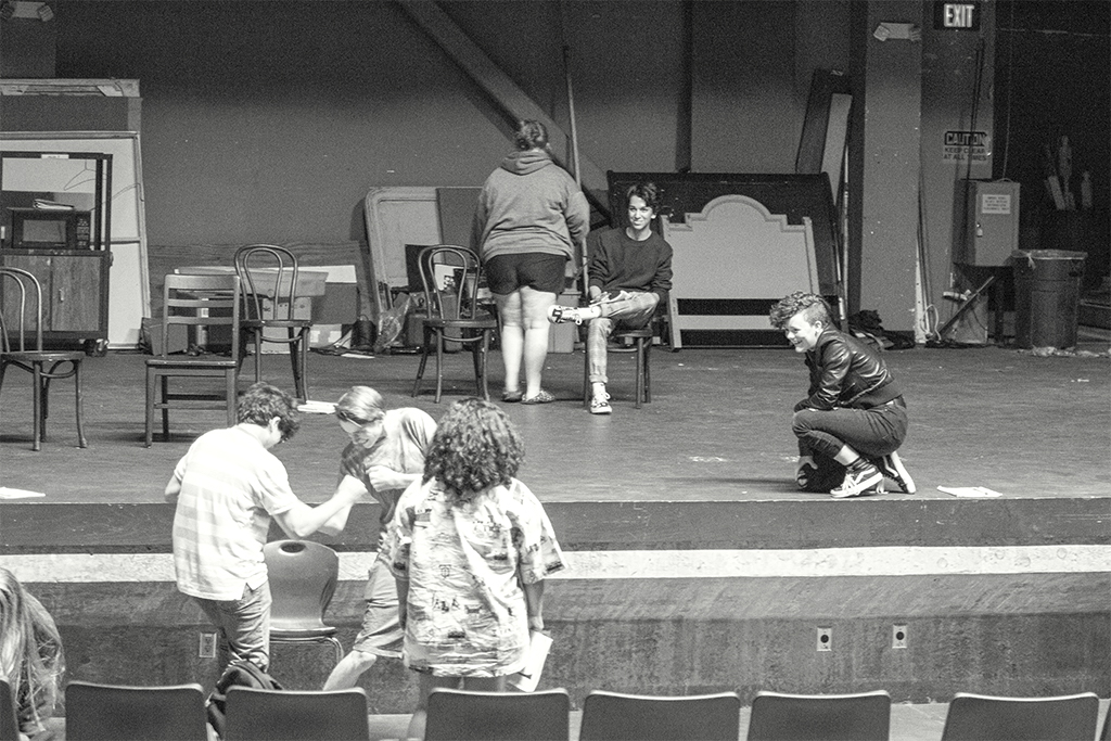 A TASTE OF COLLEGE— (Top Right) Students laugh and joke around while practicing for the fall play, “The Hope and Heartache Diner.” (Bottom) Students rehearse of scene from the play in the Performing Arts Center. 
